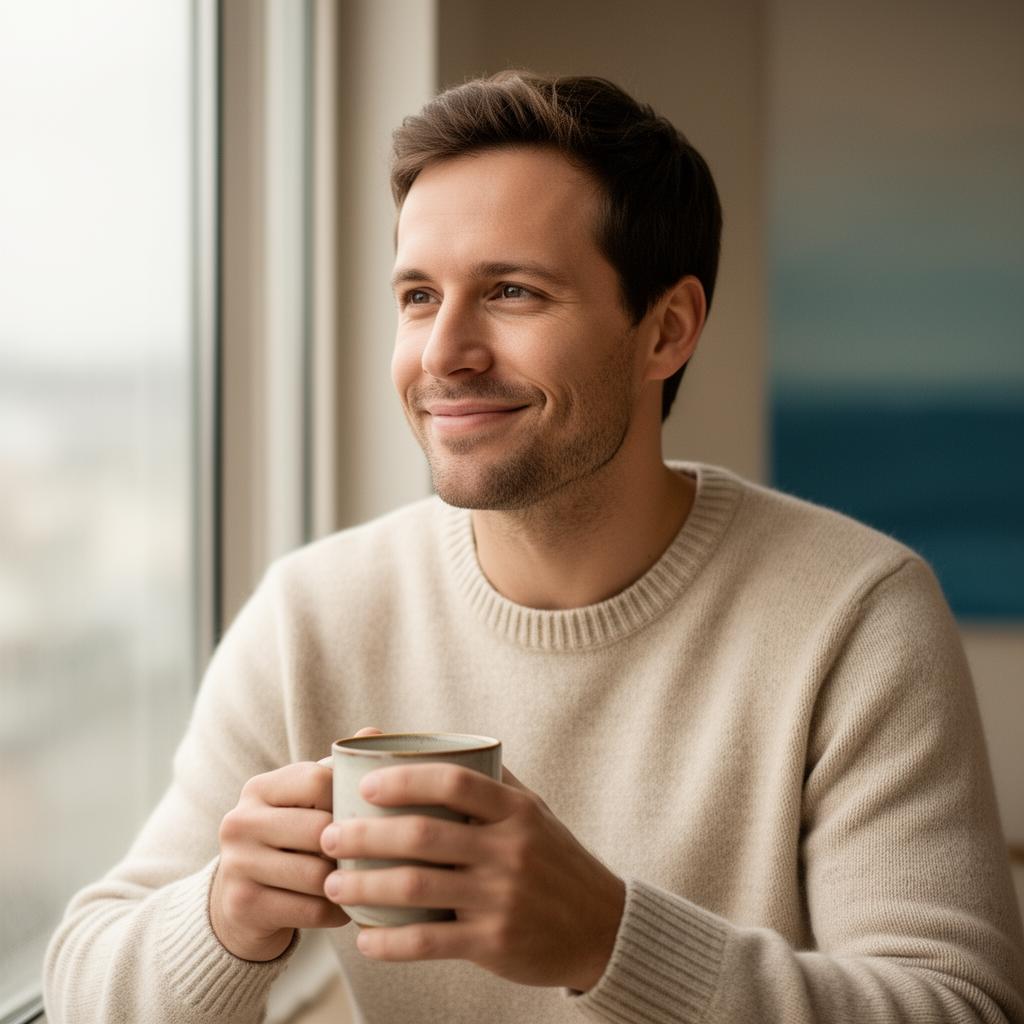 Josh, a UK Registered Nutritionist, holding a cup of tea by a window in soft daylight.